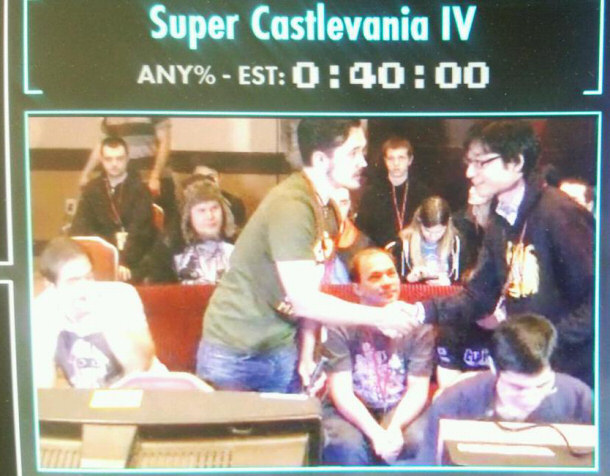 Hanage_Belmondo and TMR shaking hands before the Super Castlevania IV race at AGDQ 2015